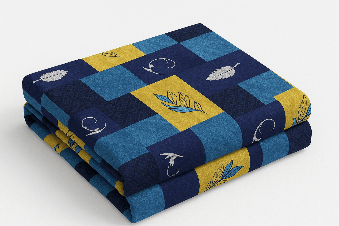 Premium Cotton Double Bedsheet with Pillow Covers – Blue & Yellow Feather Print | Soft, Breathable & Fade-Resistant Fabric
