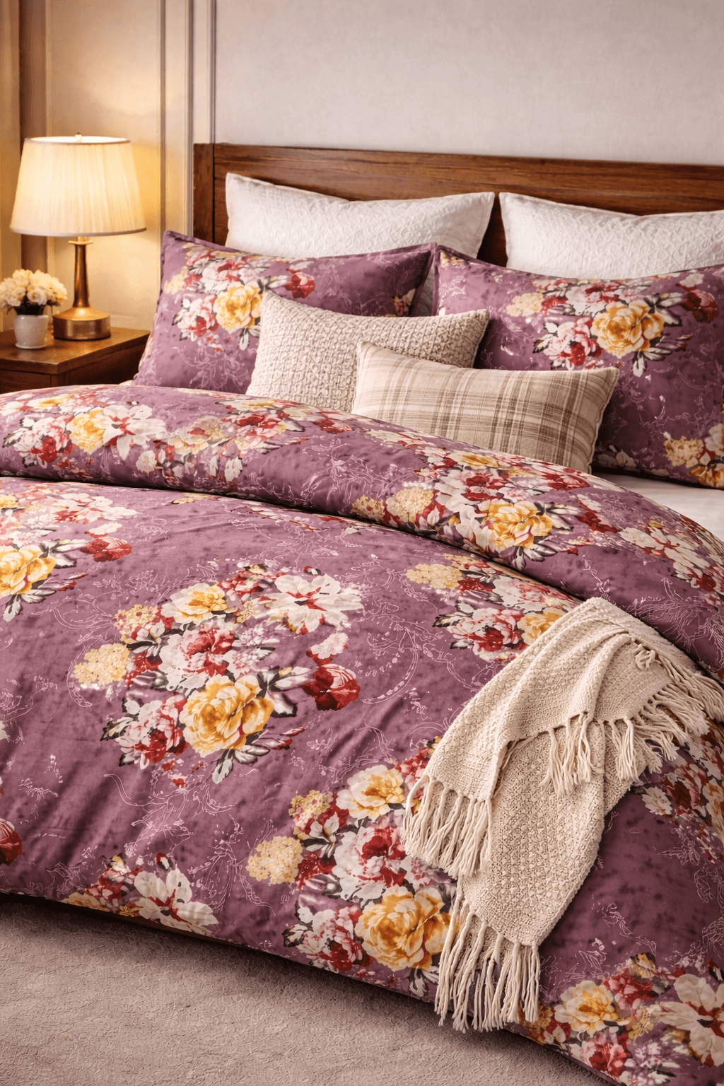 Elegant Purple Floral Bedsheet Set – Soft Cotton Feel with Luxury Pillow Covers