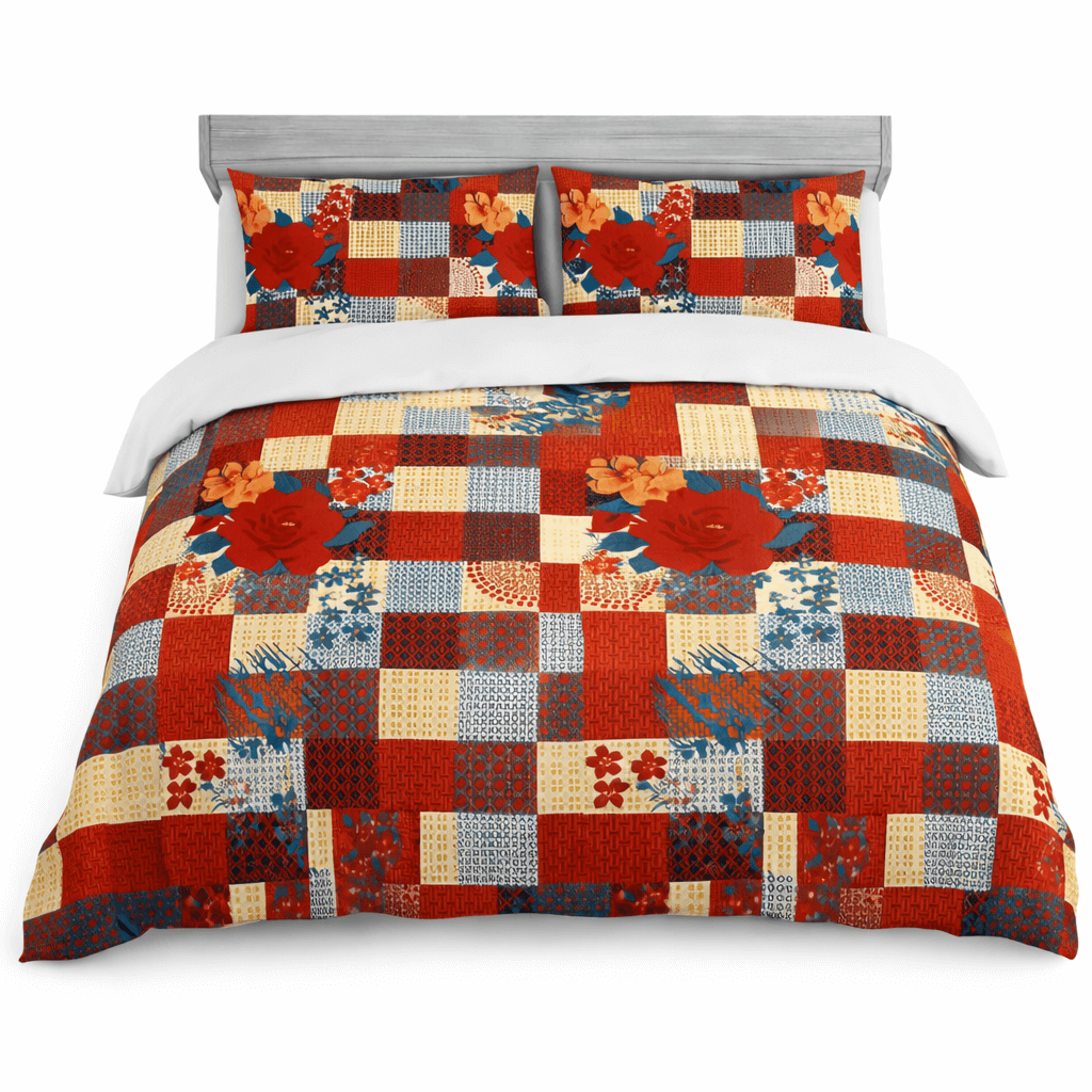 Bedzzy Premium Red Floral Patchwork Double Bedsheet with 2 Pillow Covers