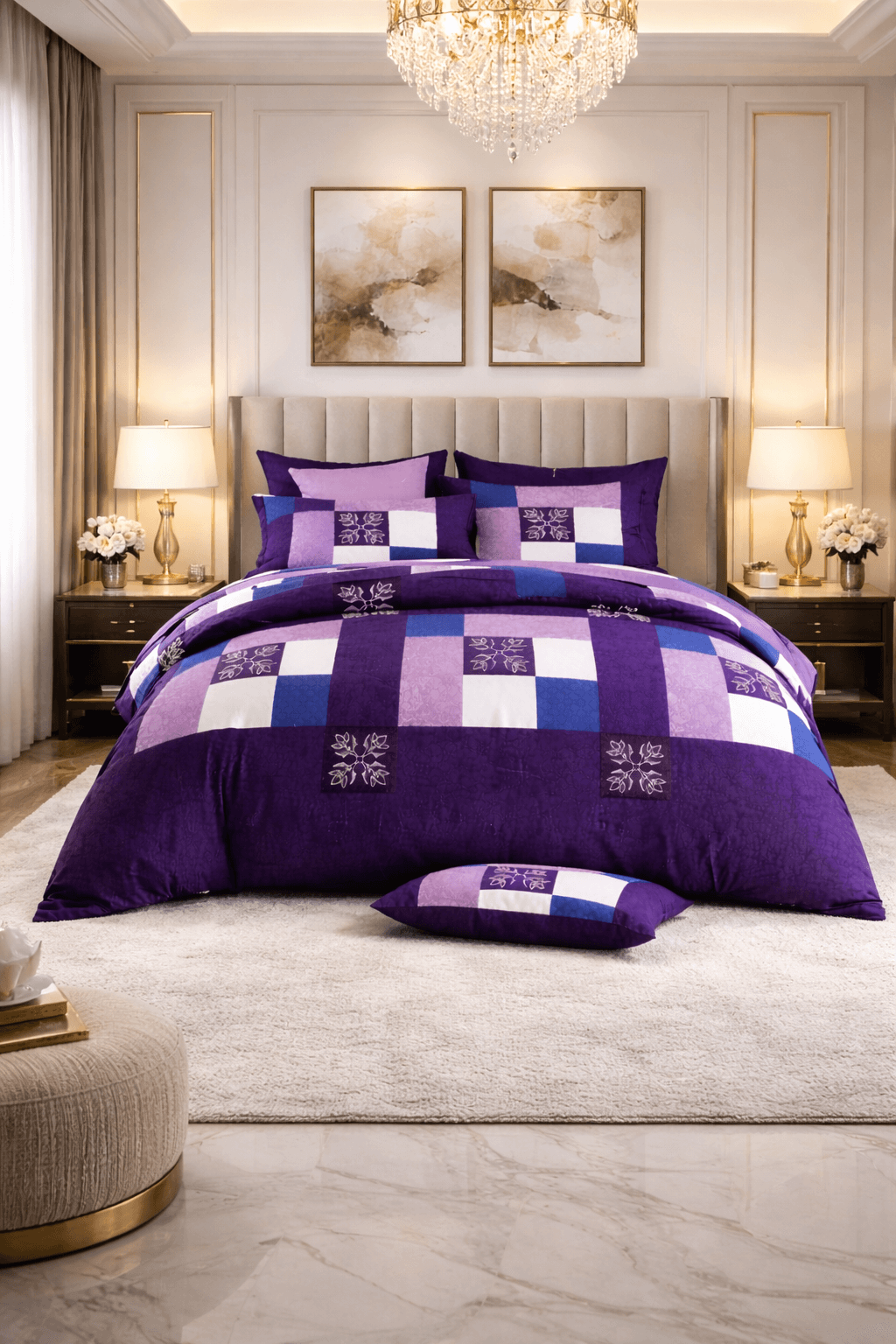 Bedzzy Royal Purple Patchwork Double Bedsheet Set with 2 Pillow Covers – Premium Soft & Elegant Finish