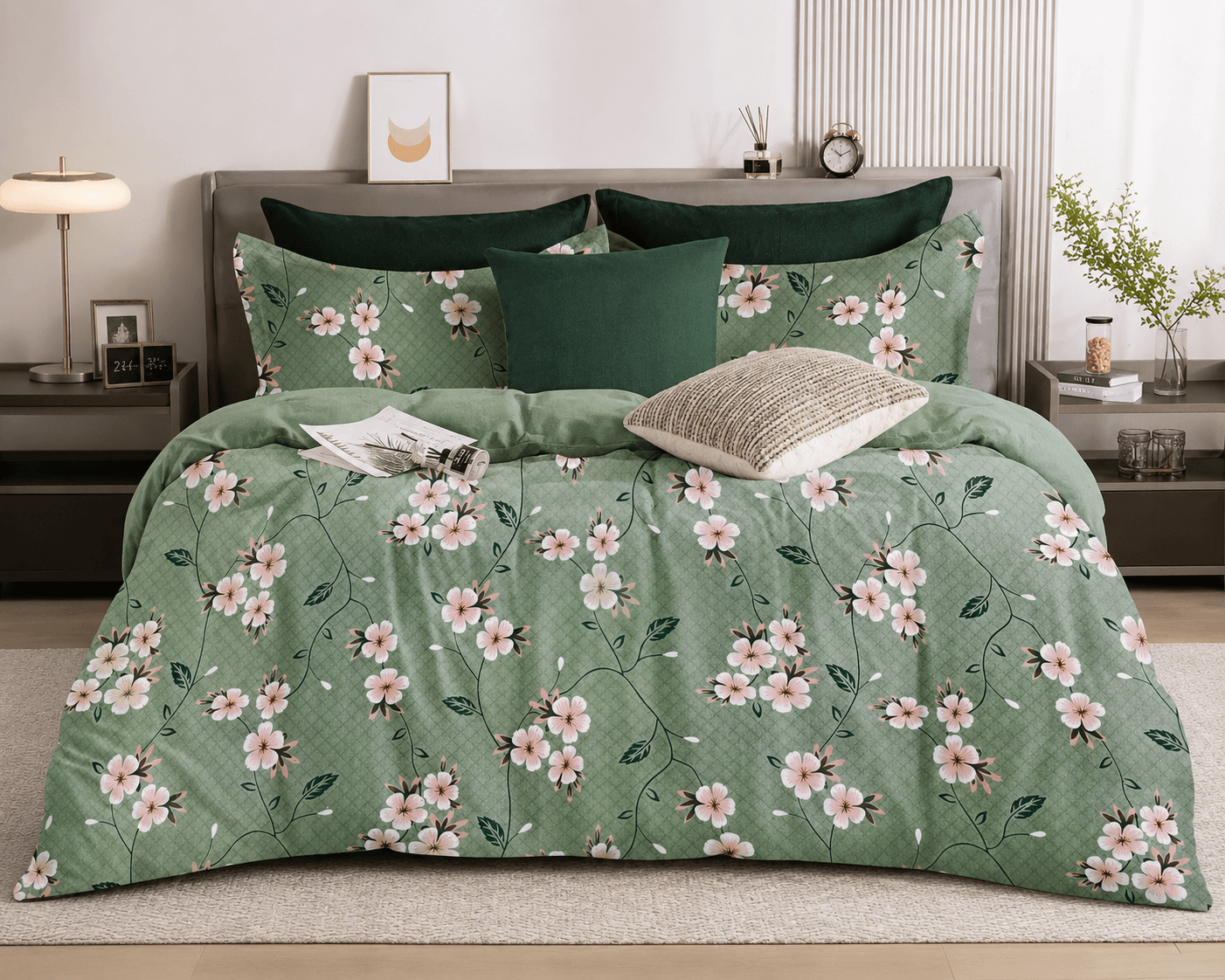 Premium Cotton Floral Double Bedsheet Set | Soft Green Blossom Design | Bedzzy
