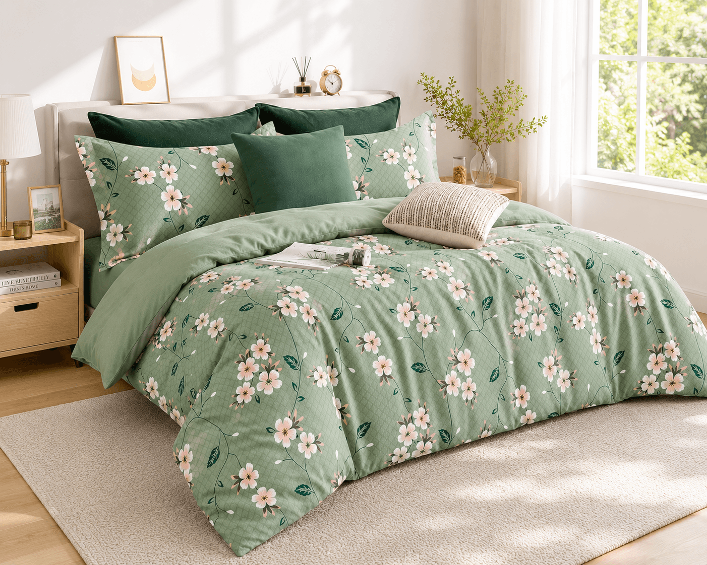 Premium Cotton Floral Double Bedsheet Set | Soft Green Blossom Design | Bedzzy