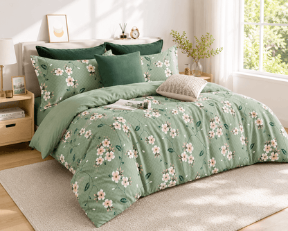 Premium Cotton Floral Double Bedsheet Set | Soft Green Blossom Design | Bedzzy