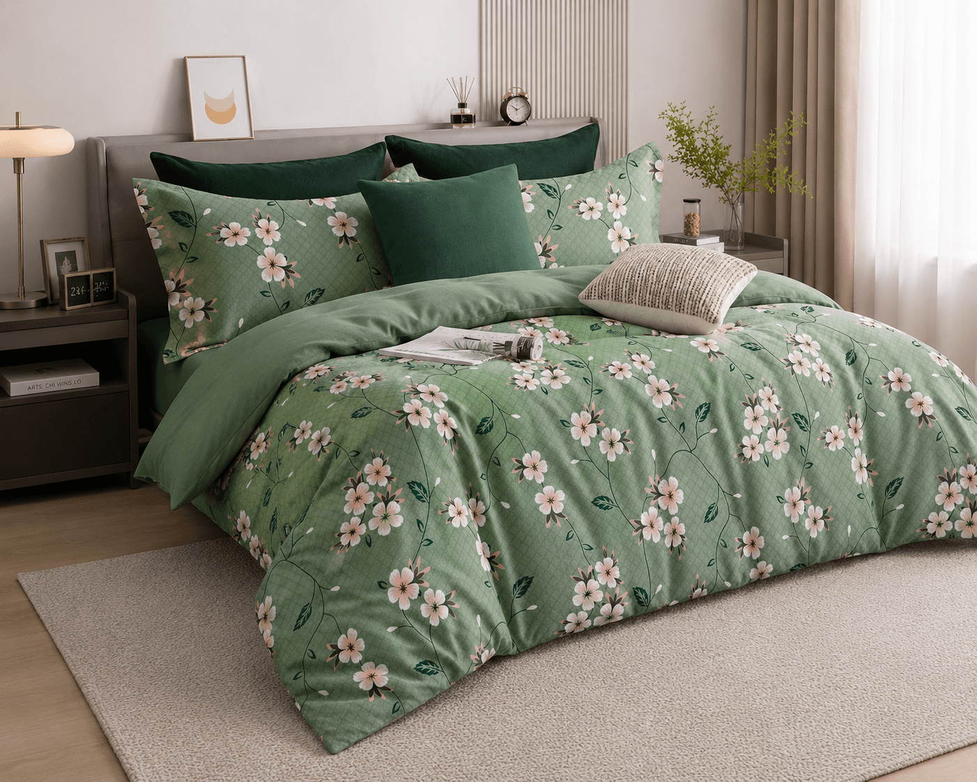 Premium Cotton Floral Double Bedsheet Set | Soft Green Blossom Design | Bedzzy
