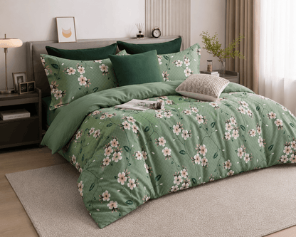 Premium Cotton Floral Double Bedsheet Set | Soft Green Blossom Design | Bedzzy