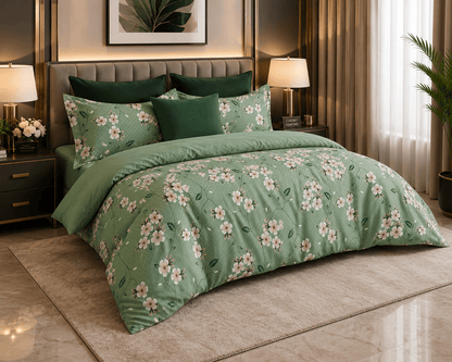 Premium Cotton Floral Double Bedsheet Set | Soft Green Blossom Design | Bedzzy