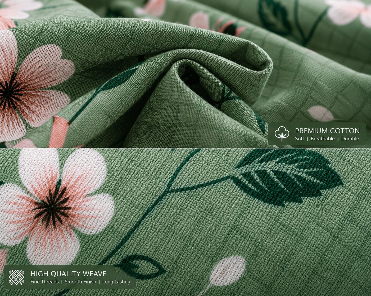 Premium Cotton Floral Double Bedsheet Set | Soft Green Blossom Design | Bedzzy