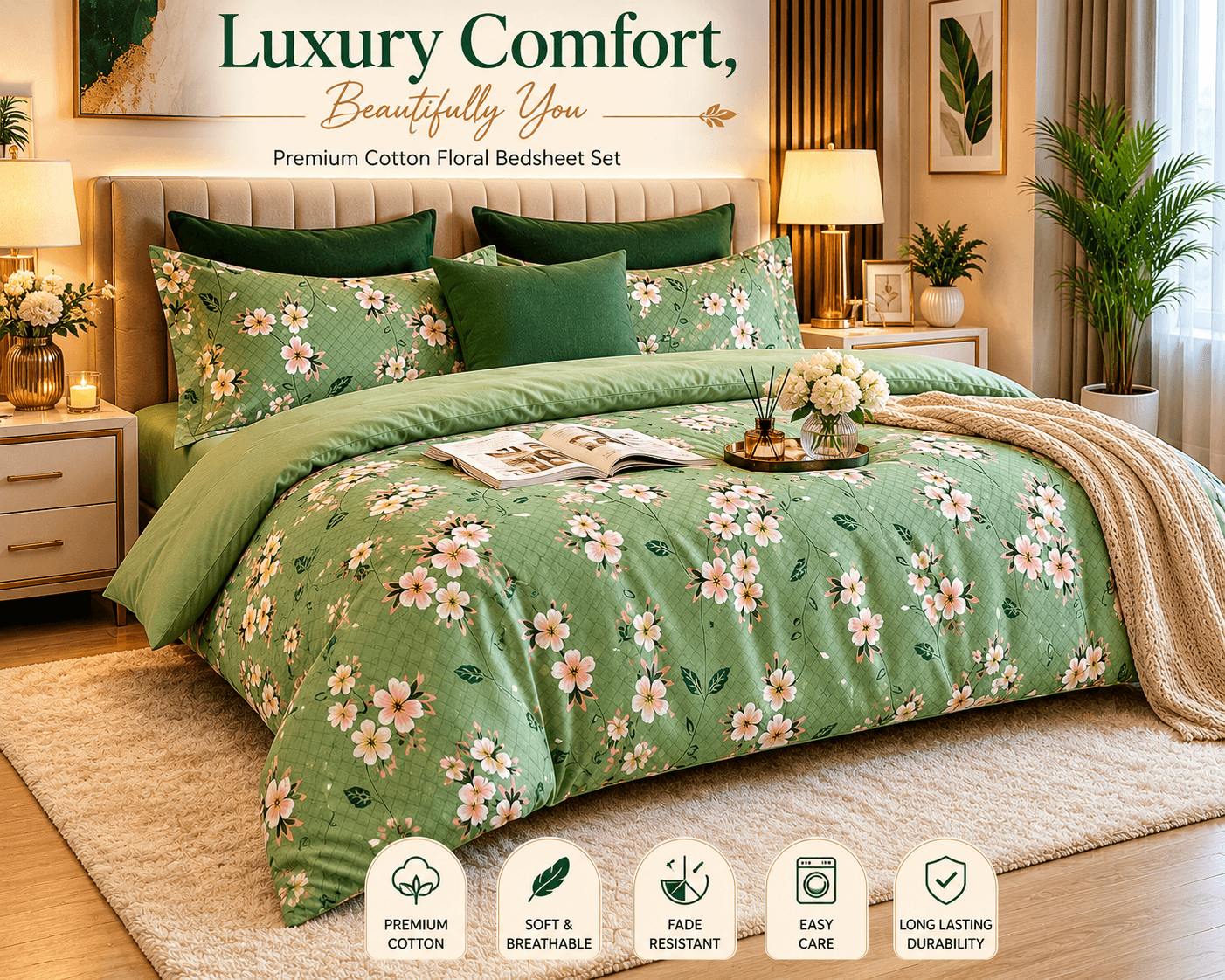 Premium Cotton Floral Double Bedsheet Set | Soft Green Blossom Design | Bedzzy