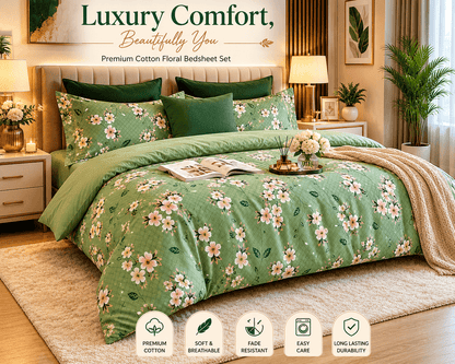 Premium Cotton Floral Double Bedsheet Set | Soft Green Blossom Design | Bedzzy