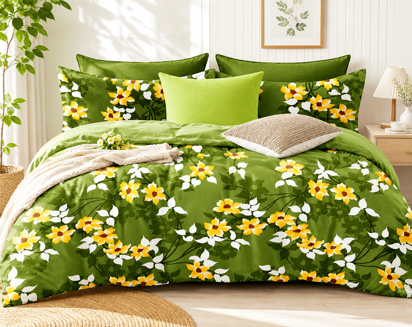 Green Floral Cotton Bedsheet Set | Premium Double Bedsheet | Bedzzy