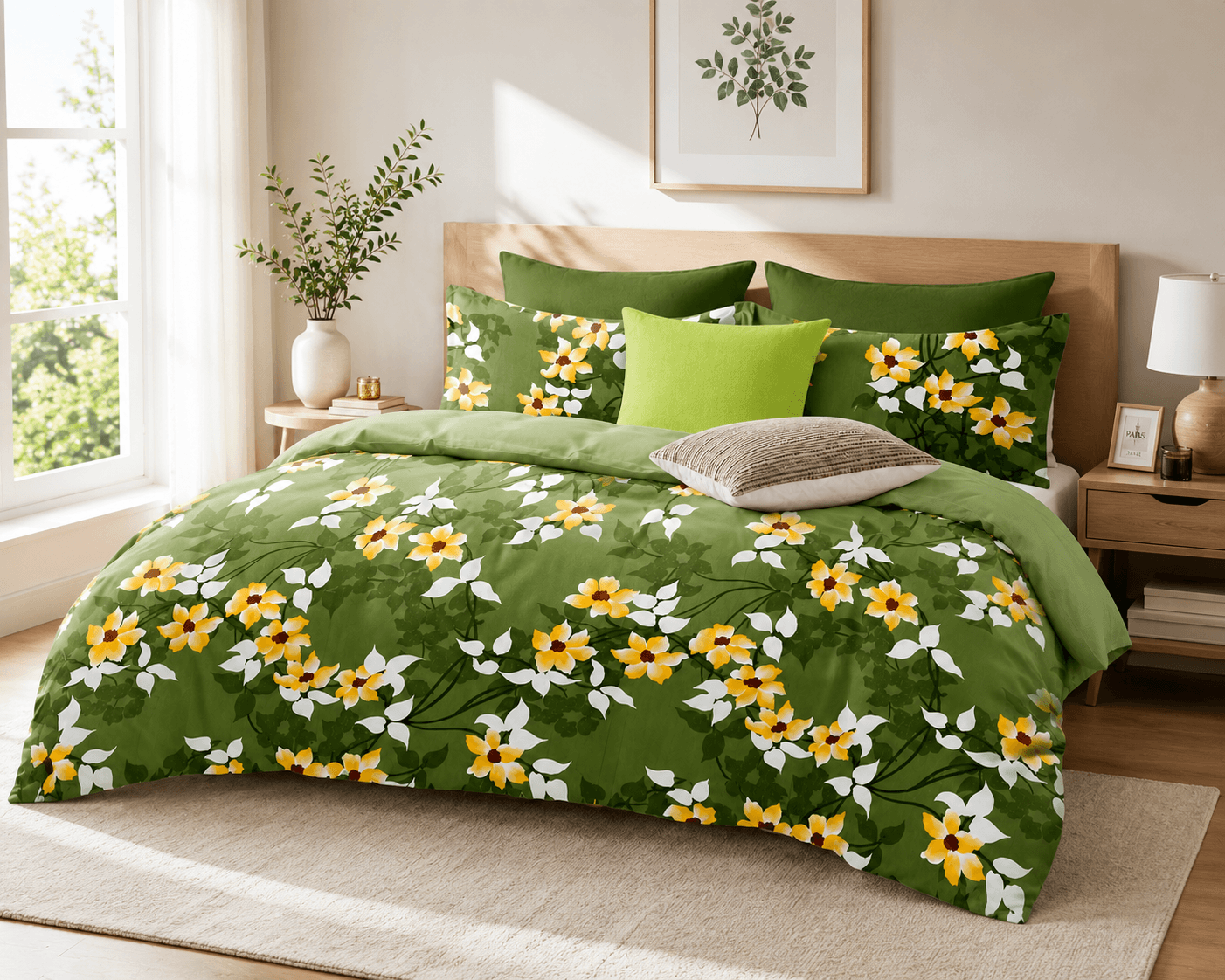 Green Floral Cotton Bedsheet Set | Premium Double Bedsheet | Bedzzy