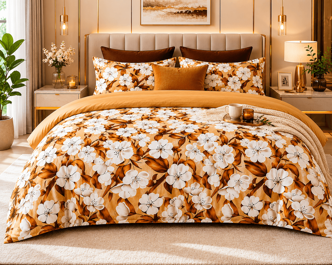 Bedzzy Premium Cotton Floral Bedsheet Set – Golden Blossom Luxury Design | Soft & Breathable Double Bedsheet