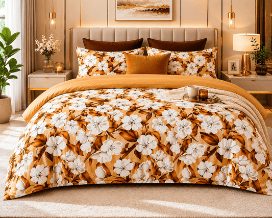 Bedzzy Premium Cotton Floral Bedsheet Set – Golden Blossom Luxury Design | Soft & Breathable Double Bedsheet