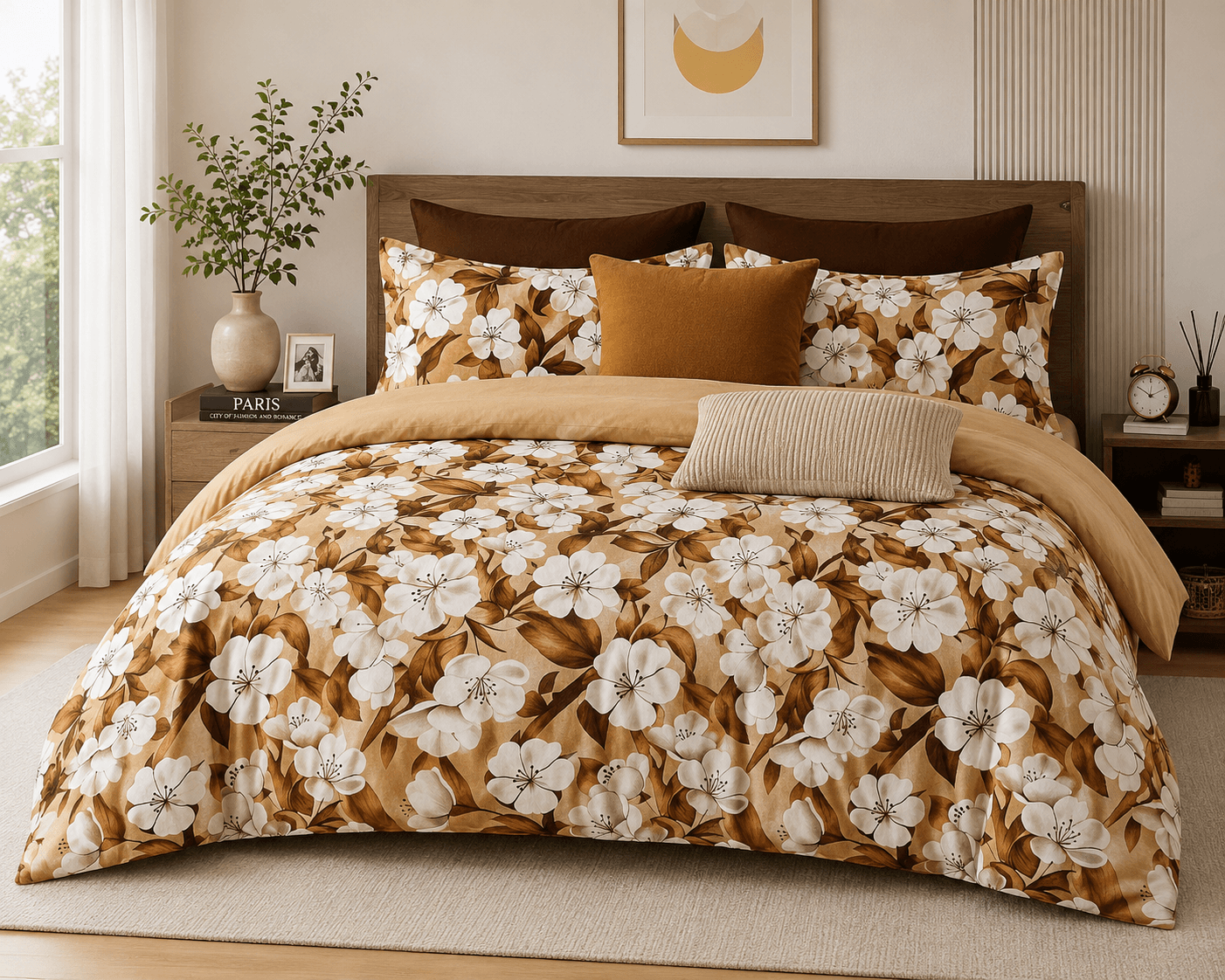Bedzzy Premium Cotton Floral Bedsheet Set – Golden Blossom Luxury Design | Soft & Breathable Double Bedsheet