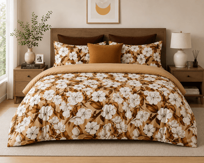 Bedzzy Premium Cotton Floral Bedsheet Set – Golden Blossom Luxury Design | Soft & Breathable Double Bedsheet