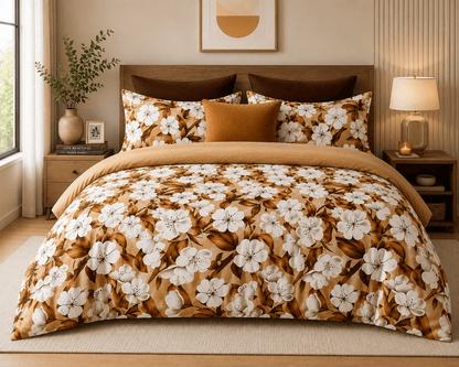 Bedzzy Premium Cotton Floral Bedsheet Set – Golden Blossom Luxury Design | Soft & Breathable Double Bedsheet