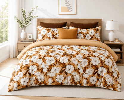 Bedzzy Premium Cotton Floral Bedsheet Set – Golden Blossom Luxury Design | Soft & Breathable Double Bedsheet