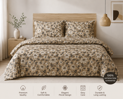 Premium Beige Floral Cotton Bedsheet Set | Soft & Comfortable Double Bedsheet | Bedzzy