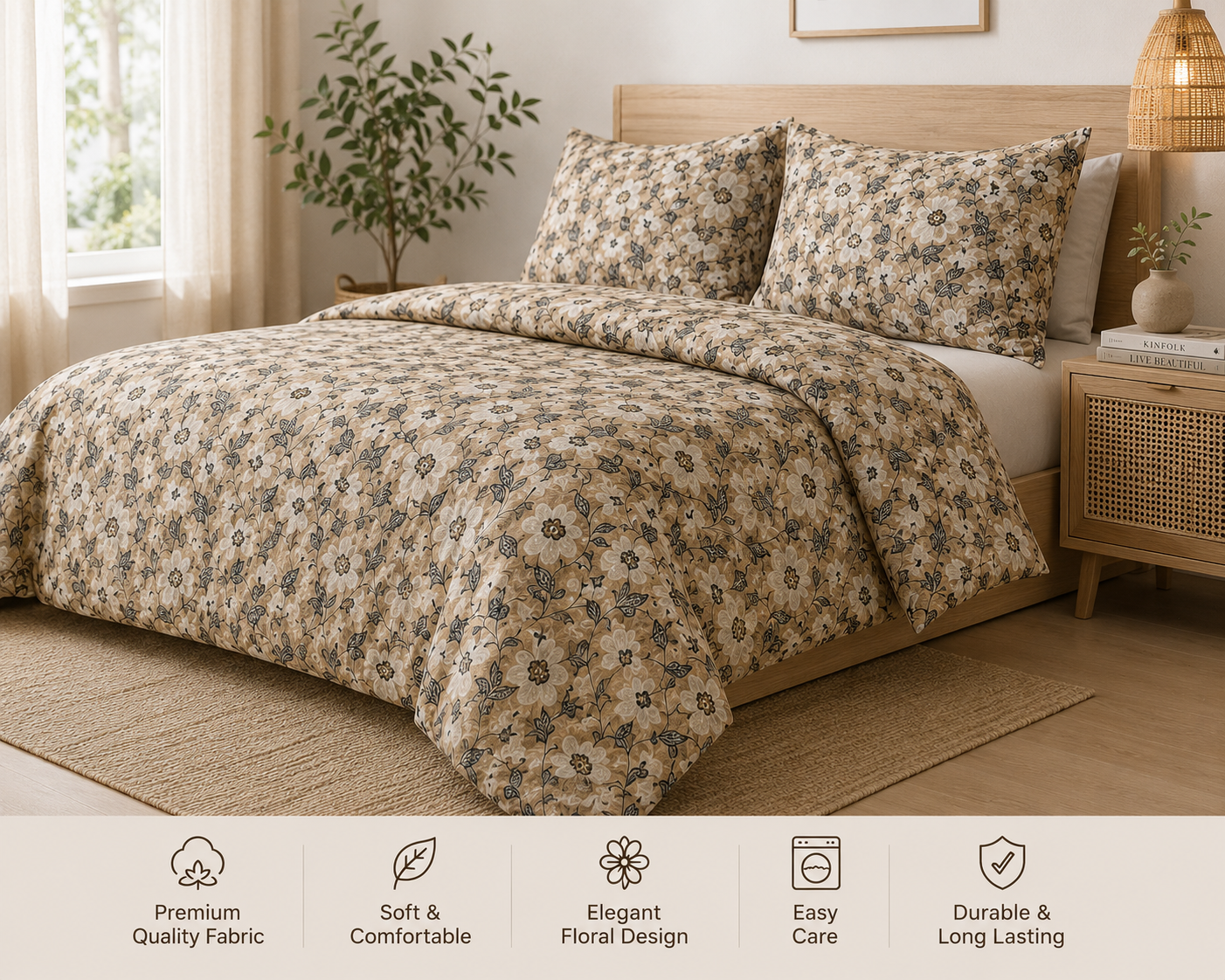 Premium Beige Floral Cotton Bedsheet Set | Soft & Comfortable Double Bedsheet | Bedzzy