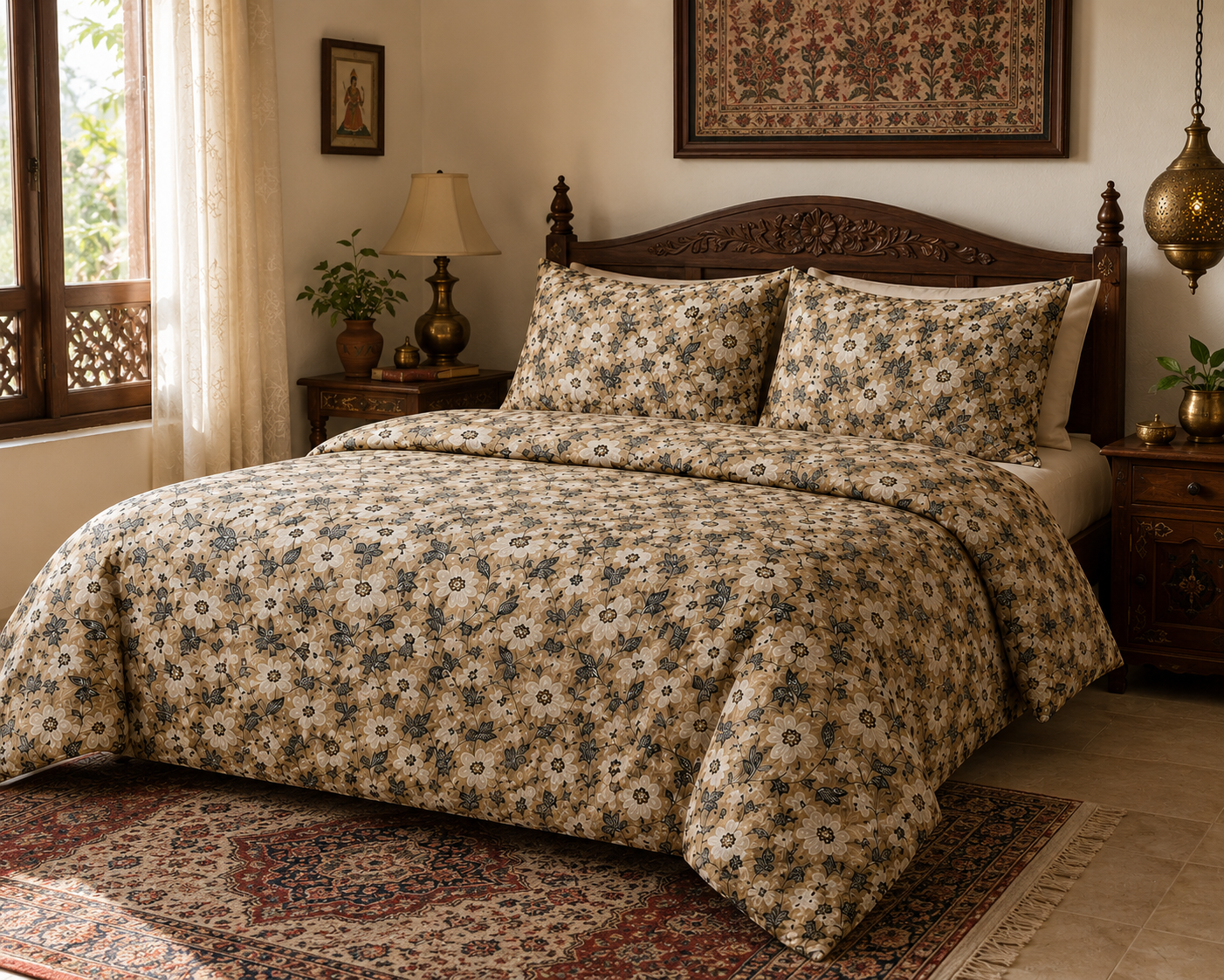 Premium Beige Floral Cotton Bedsheet Set | Soft & Comfortable Double Bedsheet | Bedzzy