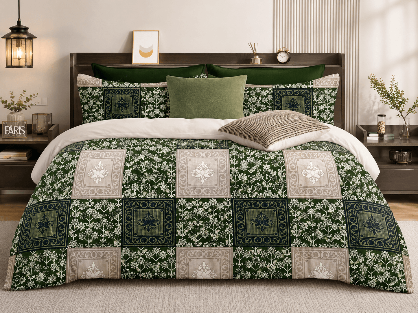 Premium Green Cotton Bedsheet Set | Heritage Mosaic Design | Bedzzy
