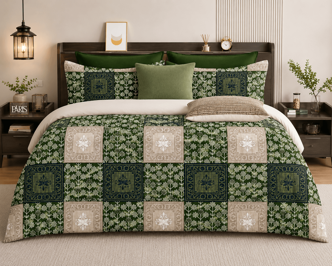 Premium Green Cotton Bedsheet Set | Heritage Mosaic Design | Bedzzy