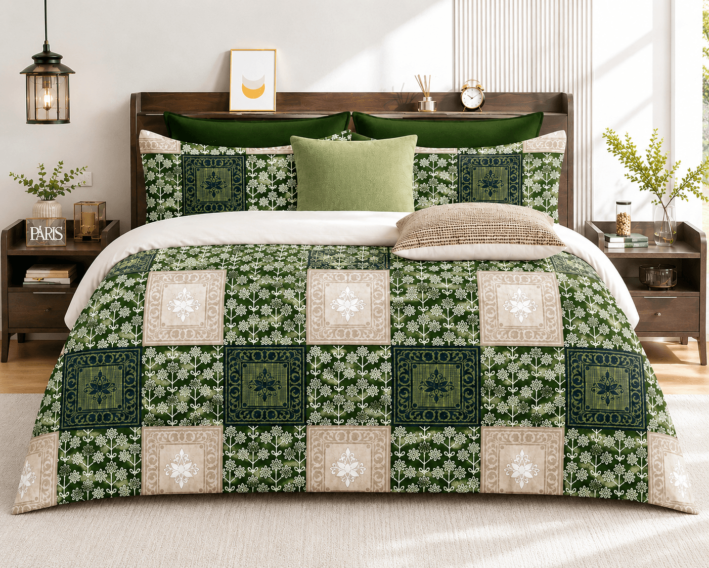 Premium Green Cotton Bedsheet Set | Heritage Mosaic Design | Bedzzy