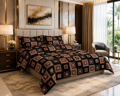 Bedzzy Premium Cotton Geometric Bedsheet Set – Modern Black & Brown Square Pattern | Luxury Double Bedsheet