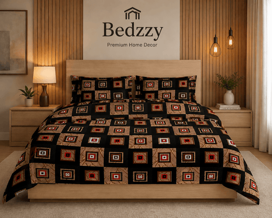 Bedzzy Premium Cotton Geometric Bedsheet Set – Modern Black & Brown Square Pattern | Luxury Double Bedsheet