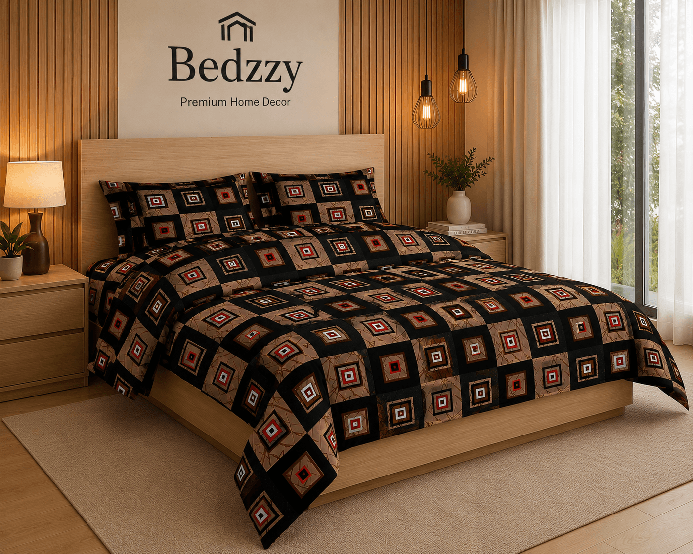 Bedzzy Premium Cotton Geometric Bedsheet Set – Modern Black & Brown Square Pattern | Luxury Double Bedsheet