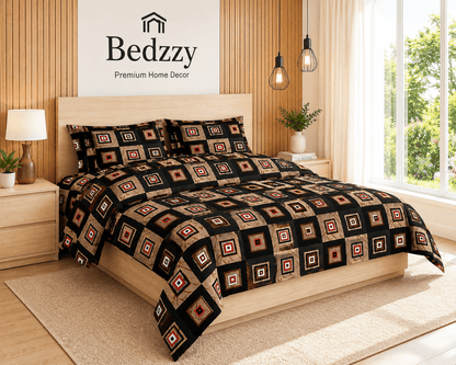 Bedzzy Premium Cotton Geometric Bedsheet Set – Modern Black & Brown Square Pattern | Luxury Double Bedsheet