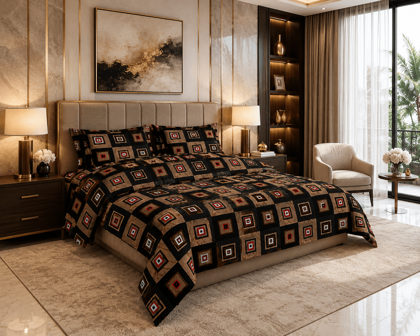 Bedzzy Premium Cotton Geometric Bedsheet Set – Modern Black & Brown Square Pattern | Luxury Double Bedsheet