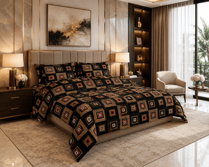Bedzzy Premium Cotton Geometric Bedsheet Set – Modern Black & Brown Square Pattern | Luxury Double Bedsheet