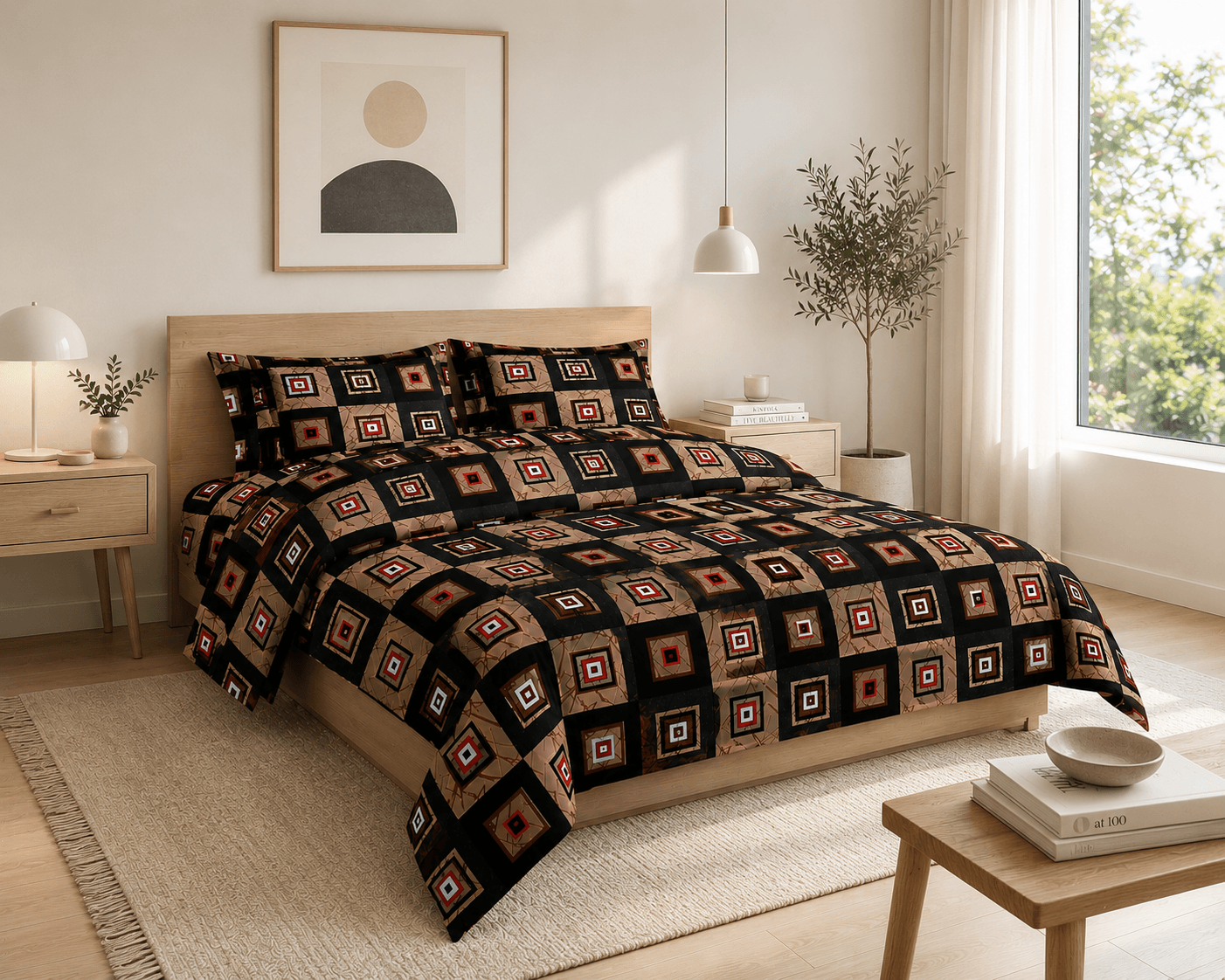 Bedzzy Premium Cotton Geometric Bedsheet Set – Modern Black & Brown Square Pattern | Luxury Double Bedsheet