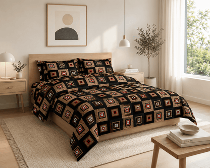 Bedzzy Premium Cotton Geometric Bedsheet Set – Modern Black & Brown Square Pattern | Luxury Double Bedsheet