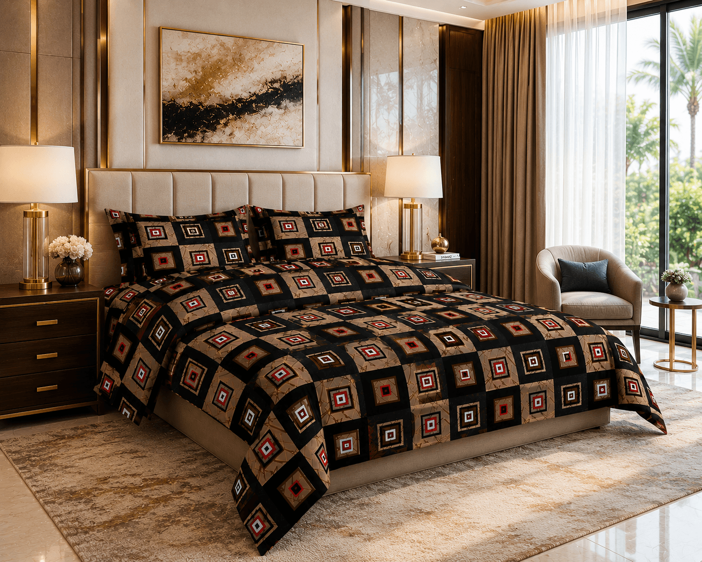 Bedzzy Premium Cotton Geometric Bedsheet Set – Modern Black & Brown Square Pattern | Luxury Double Bedsheet