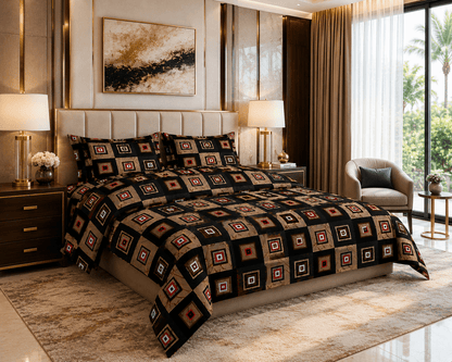 Bedzzy Premium Cotton Geometric Bedsheet Set – Modern Black & Brown Square Pattern | Luxury Double Bedsheet