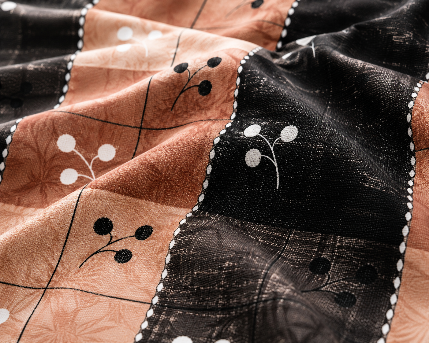 Bedzzy Premium Cotton Checkered Bedsheet Set – Elegant Peach & Black Geometric Design | Soft Double Bedsheet