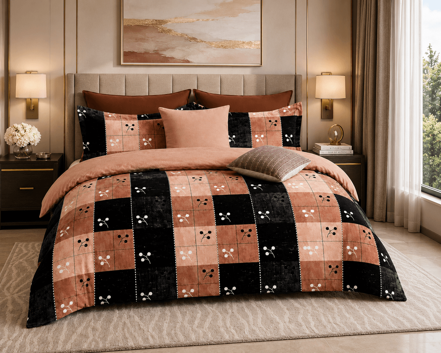 Bedzzy Premium Cotton Checkered Bedsheet Set – Elegant Peach & Black Geometric Design | Soft Double Bedsheet