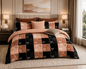 Bedzzy Premium Cotton Checkered Bedsheet Set – Elegant Peach & Black Geometric Design | Soft Double Bedsheet
