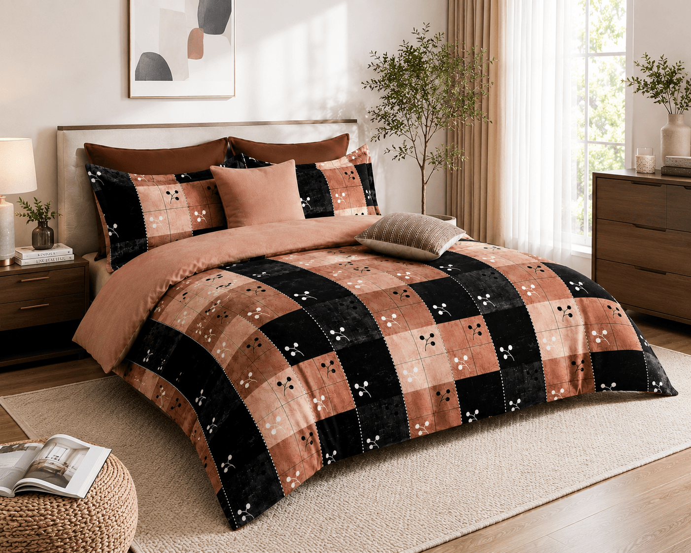 Bedzzy Premium Cotton Checkered Bedsheet Set – Elegant Peach & Black Geometric Design | Soft Double Bedsheet
