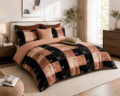 Bedzzy Premium Cotton Checkered Bedsheet Set – Elegant Peach & Black Geometric Design | Soft Double Bedsheet