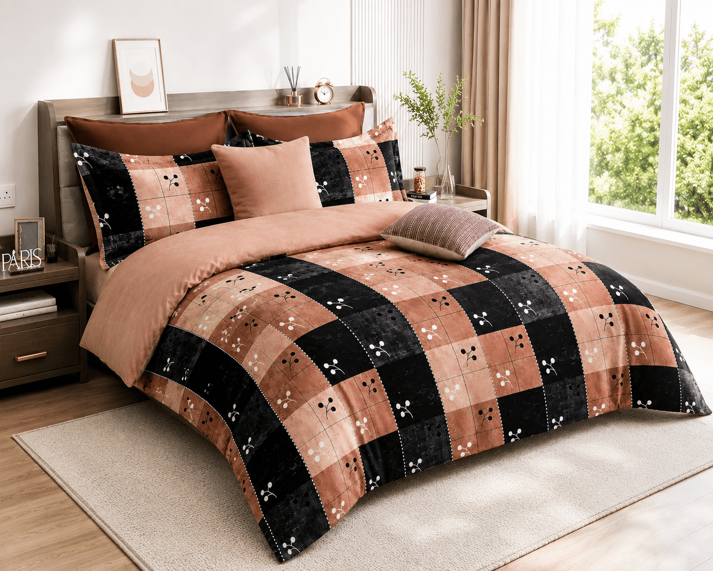 Bedzzy Premium Cotton Checkered Bedsheet Set – Elegant Peach & Black Geometric Design | Soft Double Bedsheet