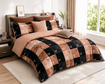 Bedzzy Premium Cotton Checkered Bedsheet Set – Elegant Peach & Black Geometric Design | Soft Double Bedsheet