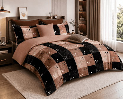 Bedzzy Premium Cotton Checkered Bedsheet Set – Elegant Peach & Black Geometric Design | Soft Double Bedsheet