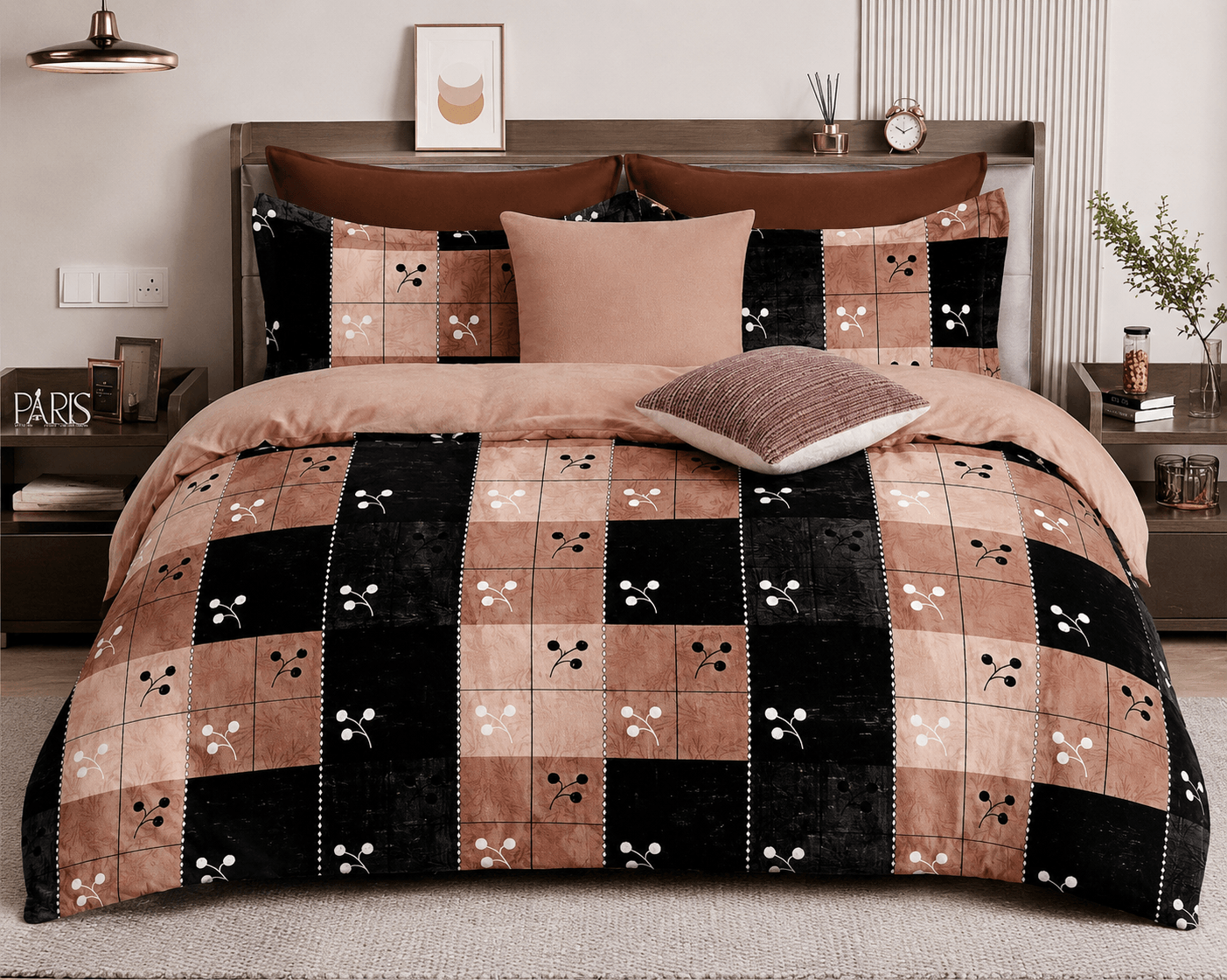 Bedzzy Premium Cotton Checkered Bedsheet Set – Elegant Peach & Black Geometric Design | Soft Double Bedsheet