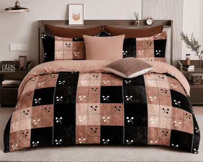 Bedzzy Premium Cotton Checkered Bedsheet Set – Elegant Peach & Black Geometric Design | Soft Double Bedsheet