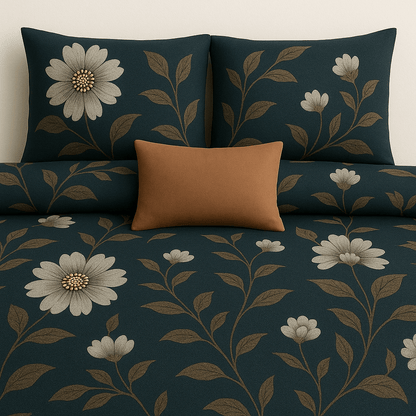 Premium Cotton Floral Double bed Bedsheet with 2 Pillow Covers – Navy Blue