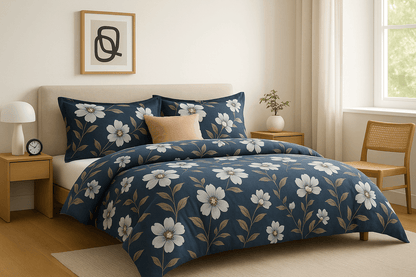 Premium Cotton Floral Double bed Bedsheet with 2 Pillow Covers – Navy Blue