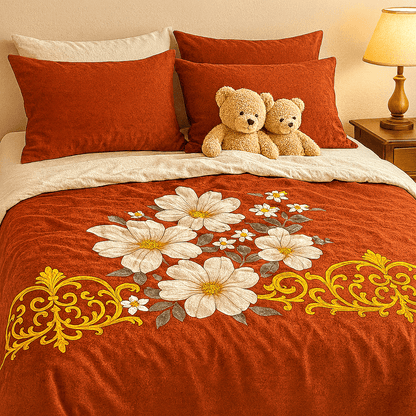 Premium Cotton Floral Double bed Bedsheet with 2 Pillow Covers – Rust Red & Golden Design